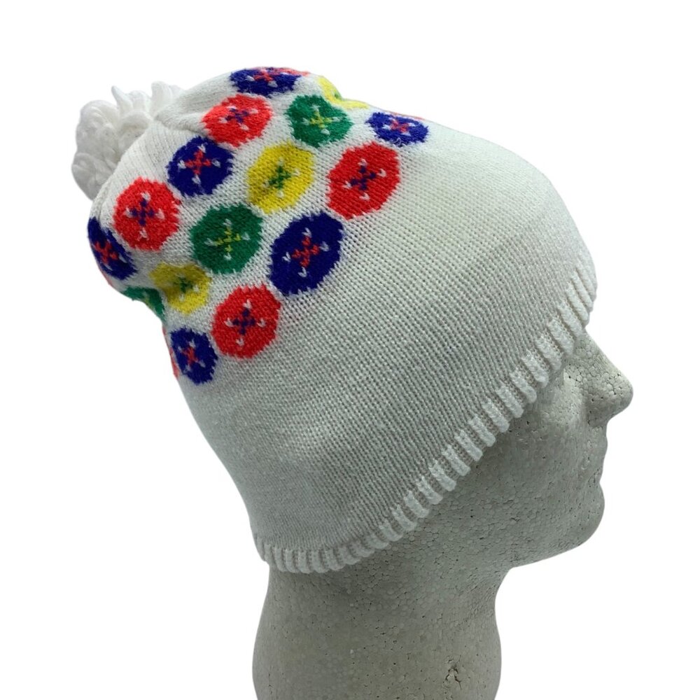 Vtg Child White Knit Beanie Multicolor Button Pattern Pom-Pom Top